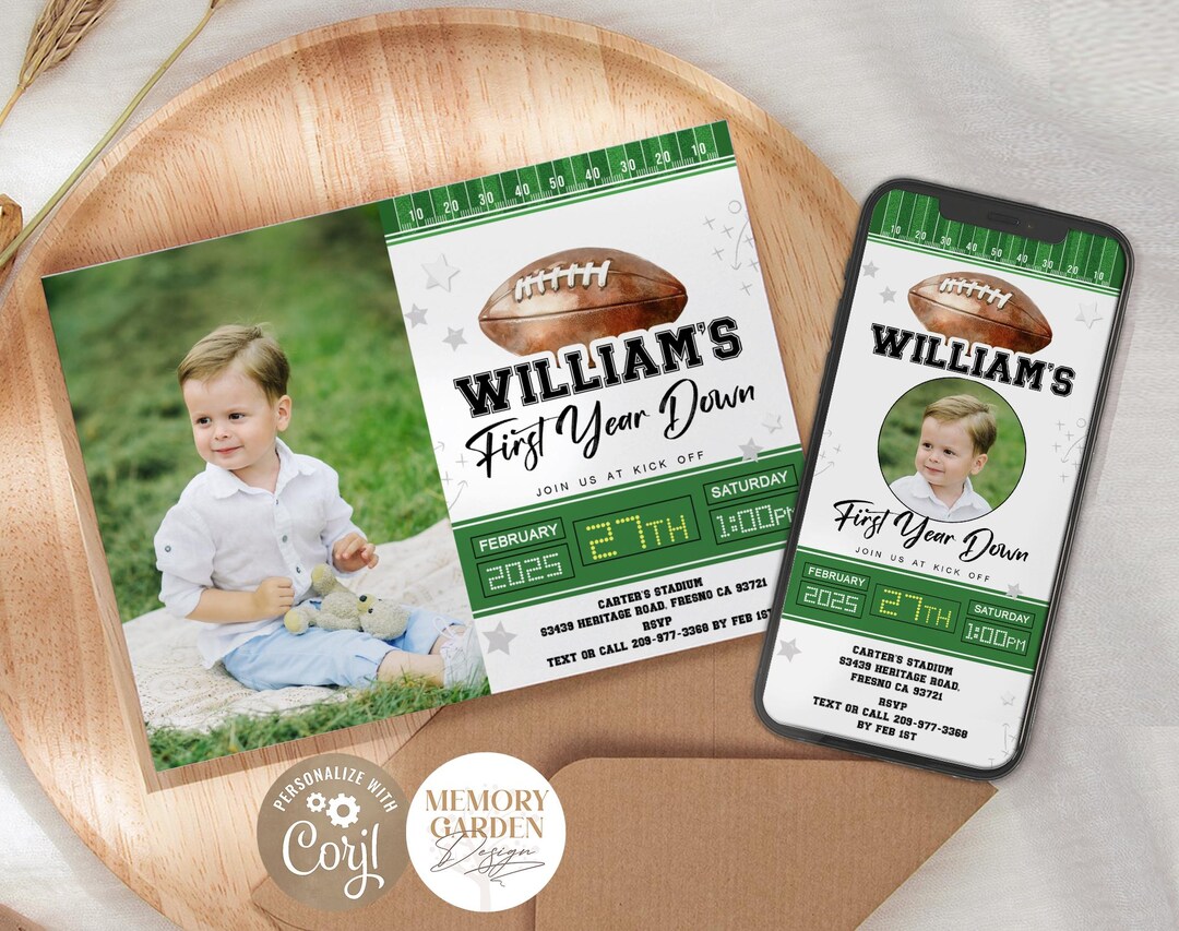 EDITABLE First Year Down Birthday Invitation With Photo I Football One ...