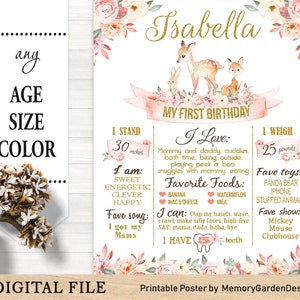 Forest Animals First Birthday Chalkboard Poster Banner pietra miliare stampabile per ragazzo o ragazza smash cake party. File digitale personalizzato (113)