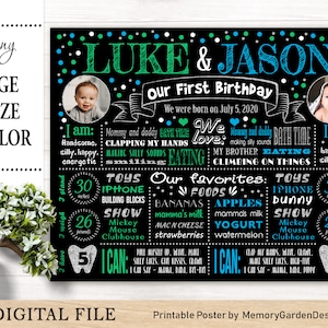 Boys Twins Dots First Birthday Chalkboard Poster. Banner de hito imprimible para la fiesta de los gemelos. Archivo digital personalizado (168)