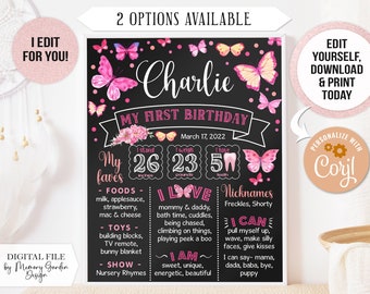 EDITABLE Butterfly First Birthday Chalkboard Poster. Printable moth milestone for smash cake party. Personalized Digital file (190)