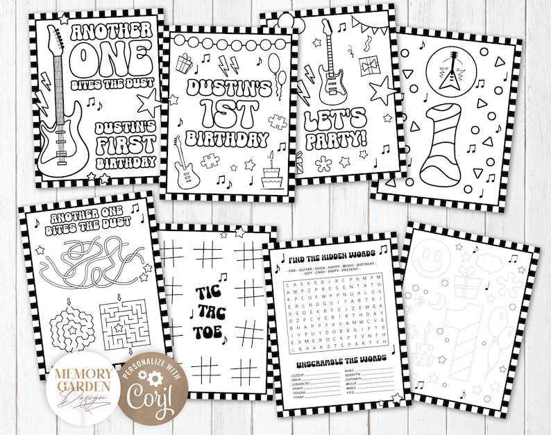 May include: Black and white printable coloring pages featuring a rock and roll theme with a guitar, musical notes, and the text "Another One Bites the Dust", "Dustin's 1st Birthday", and "Let's Party!"