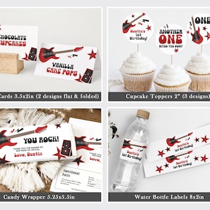 May include: A set of printable party decorations for a first birthday party with a rock and roll theme. The set includes place cards, cupcake toppers, candy wrappers, and water bottle labels. The designs feature red electric guitars, stars, and the text "You Rock!" and "Another One Bites the Dust".