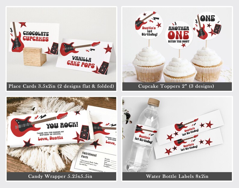 May include: A set of printable party decorations for a first birthday party with a rock and roll theme. The set includes place cards, cupcake toppers, candy wrappers, and water bottle labels. The designs feature red electric guitars, stars, and the text "You Rock!" and "Another One Bites the Dust".