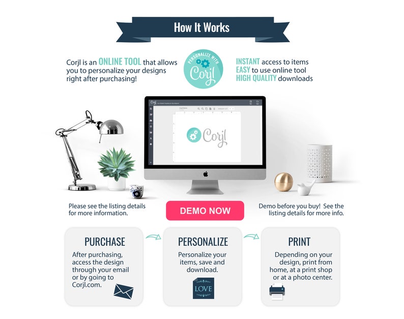May include: A graphic showing how to use Corjl, an online tool for personalizing designs. The graphic shows a computer screen with the Corjl logo, a lamp, a plant, and three steps: purchase, personalize, and print. The text "Corjl is an ONLINE TOOL that allows you to personalize your designs right after purchasing!" is included in the graphic.