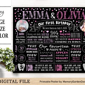 Girls Twins Dots First Birthday Chalkboard Poster. Druckbares Meilenstein-Banner für Zwillinge Party. Personalisierte Digitale Datei (169)