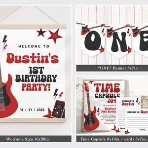 May include: A set of printable party decorations for a first birthday party with a rock and roll theme. The set includes a welcome sign, a banner that says "ONE", and a time capsule with cards. The decorations feature a red electric guitar, stars, and lightning bolts.