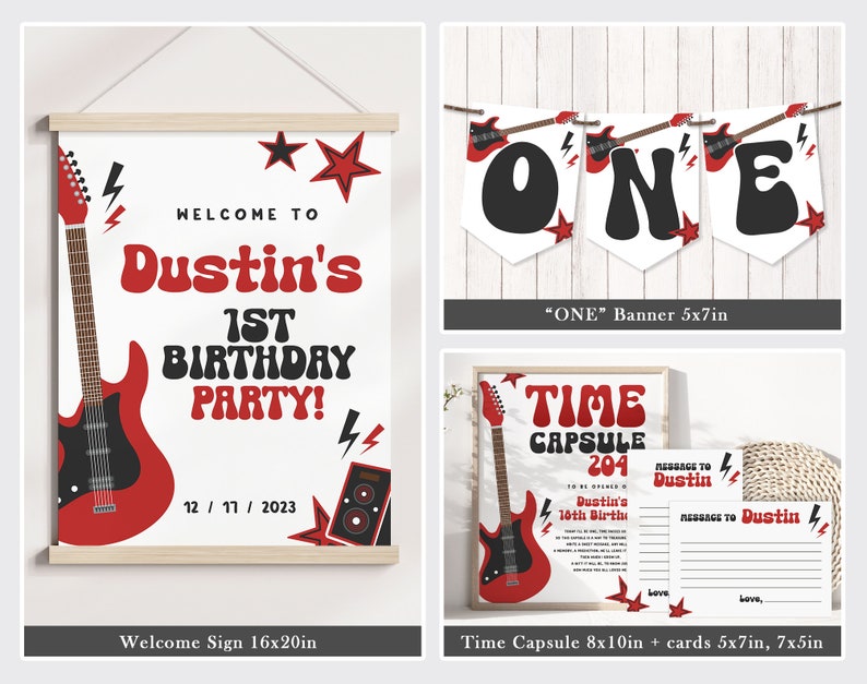 May include: A set of printable party decorations for a first birthday party with a rock and roll theme. The set includes a welcome sign, a banner that says "ONE", and a time capsule with cards. The decorations feature a red electric guitar, stars, and lightning bolts.