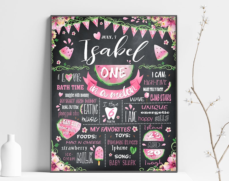 Personalized Digital file 068black One in a melon First Birthday Chalkboard Poster Printable milestone banner for girl or boy party