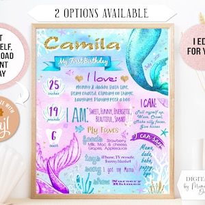 Póster de pizarra con el primer cumpleaños de Mermaid Tails, pancarta imprimible para una fiesta al aire libre con torta smash para niñas. Archivo digital personalizado (134)