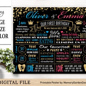 Glitzer goldene Sterne Erster Geburtstag Tafel Poster. Druckbares Meilenstein-Banner für Zwillinge Party. Personalisierte Digitale Datei (167)