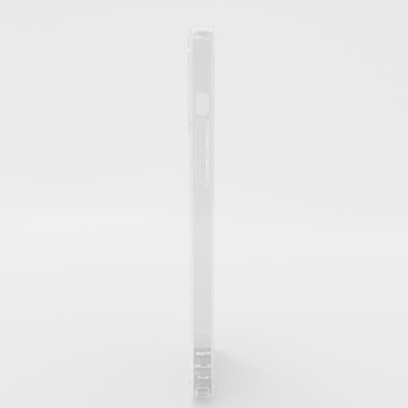 May include: A clear, transparent phone case. The case is made of a rigid material and has cutouts for the phone's buttons and camera. The case is designed to protect the phone from scratches and impacts.
