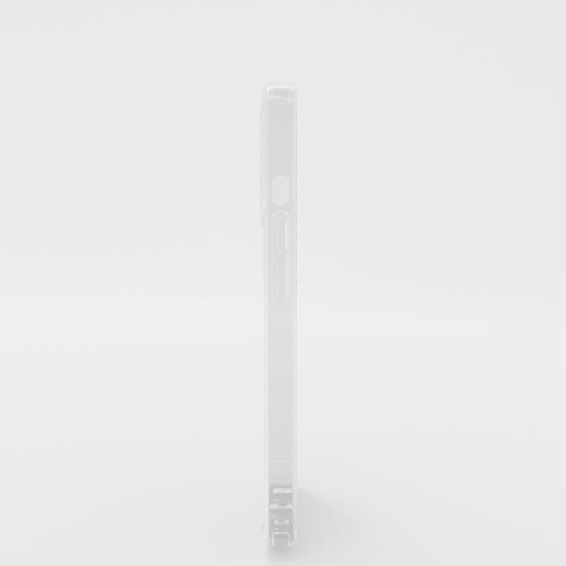 May include: A clear, transparent phone case. The case is made of a rigid material and has cutouts for the phone's buttons and camera. The case is designed to protect the phone from scratches and impacts.