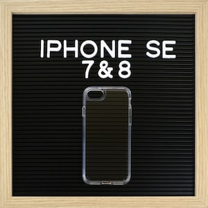 May include: Clear protective phone case for iPhone SE 7 & 8. The case is transparent and has a slim design. The text "IPHONE SE 7 & 8" is displayed in white letters on a black background, framed by a light wood border.