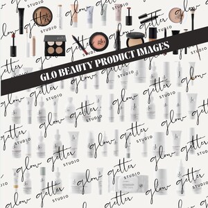 Puede incluir: Un collage de imágenes de productos para una marca de belleza llamada "GLO Beauty". Las imágenes muestran varios productos para el cuidado de la piel y maquillaje, incluidos sueros, cremas hidratantes, limpiadores y brochas de maquillaje. El texto "GLO Beauty Product Images" se superpone al collage.