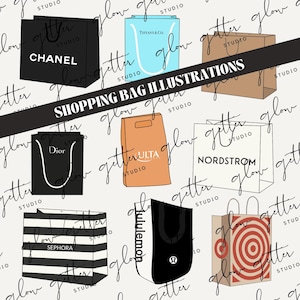 Könnte beinhalten: Illustration verschiedener Einkaufstaschen, darunter Chanel, Tiffany & Co., Dior, Ulta, Nordstrom, Sephora, Lululemon und Target. Die Taschen sind in verschiedenen Farben und Stilen gehalten und tragen Markenlogos und den Text "SHOPPING BAG ILLUSTRATIONS".