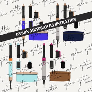May include: A white background with a repeating pattern of various hair styling tools, including a Dyson Airwrap, in different colors. The text "Dyson Airwrap Illustration" is written in black across the image.