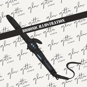 May include: A black curling iron with a blue and white label that says "Bio Ionic". The curling iron is on a white background with the text "glow getter studio" repeated in black.