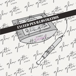 May include: A black and white illustration of a medical device called the Exceed Pen, used for skin treatments. The device is made by the company Candela. The illustration is surrounded by the text "glow getter studio" repeated multiple times.
