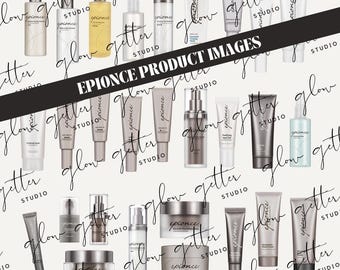 May include: A collection of skincare products in white and gray bottles and jars with the brand name "Epionce" printed on the packaging. The products are arranged in a grid pattern on a white background. The text "Epionce Product Images" is printed in black across the middle of the image.