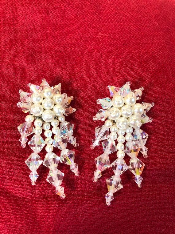 Vintage Crystal and Faux Pearl Earrings - image 6