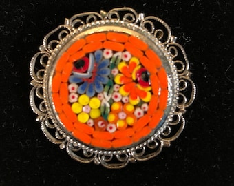 Broche Vintage Micro Mosaïque Millefiori - Arbre Et Fleurs, Paillettes De Verre Sur Laiton - Occasion Ancienne