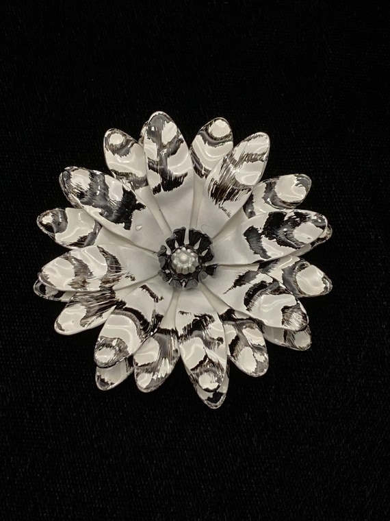 Vintage Black and White Ruffle Flower Brooch