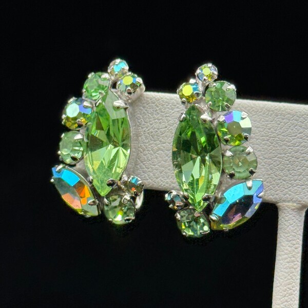 Vintage Sherman Pale Green and Aurora Borealis Clip-On Earrings