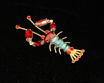 Vintage Coro Red and Blue Rhinestone Lobster Brooch
