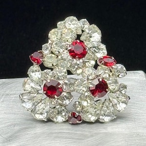 Vintage Hobé Crimson Red and Clear Rhinestone Flower Bunch Brooch