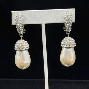 Vintage Les Bernard Large Faux Pearl and Pave Clear Rhinestone Earrings