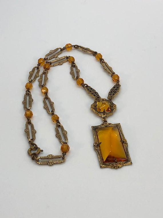 Vintage Amber Colored Glass Pendant Necklace