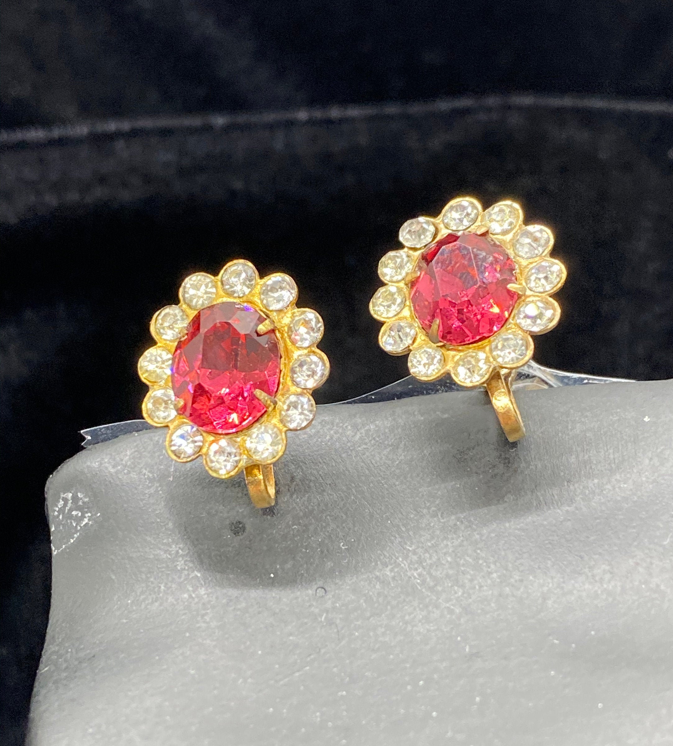 Vintage M&S 12K Gold Filled Red and Clear Rhinestone Screw Back Earrings  b913 -  Canada