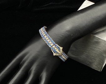 Vintage Diamonbar Art Deco Sterling Silver, Blue and Clear Rhinestone Bracelet