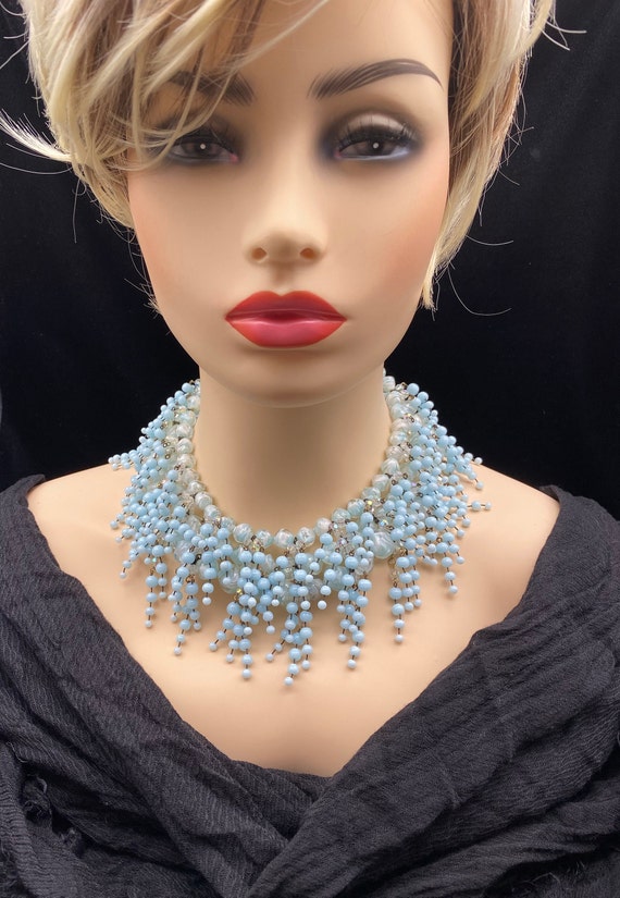 Vintage Baby Blue Glass Beaded Necklace - image 1