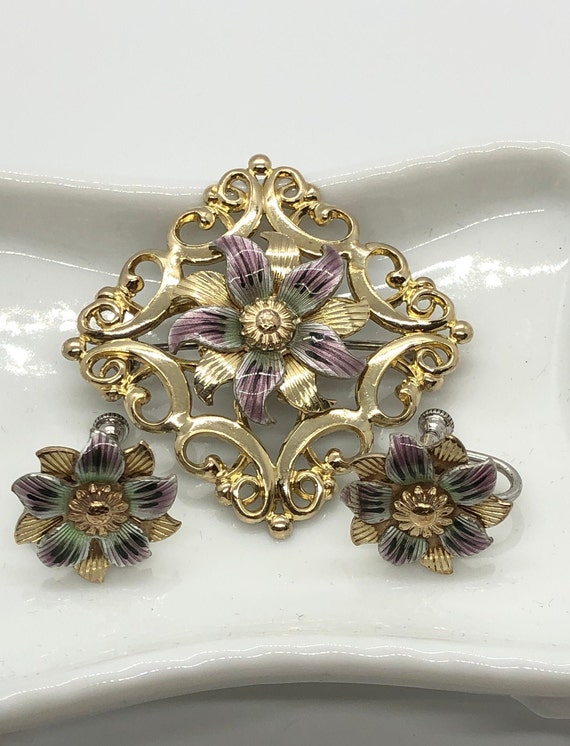 Vintage Symmetalic Silver and 14K Flower Brooch an