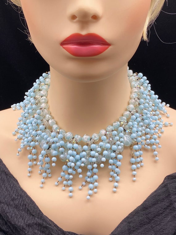 Vintage Baby Blue Glass Beaded Necklace - image 2