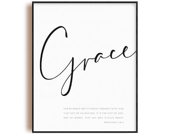 Ephesians 2:8-9 scripture print, bible verse quote poster wall art, modern Christian poster, For by grace are ye saved through faith
