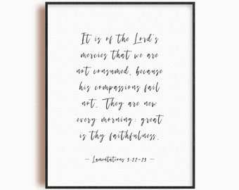 Lamentations 3:22-23 scripture wall art, Christian bible verse printable poster, mercies new every morning King James version lettering