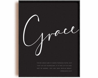By grace bible verse poster, Christian wall art, scripture print artwork, Ephesians 2:8-9 printable