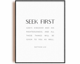 Mateo 6:33 Busca el primer arte de pared impreso de las Escrituras, Póster del versículo bíblico, Regalo de decoración de pared cristiana imprimible moderno