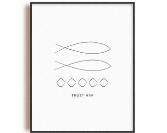 Christian art printable wall art poster, bible artwork encouragement gift, 5 loaves 2 fish, Jesus feeds five thousand modern art