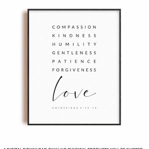 Colossians 3:12-14 Christian scripture wall artwork, modern printable bible verse poster, Compassion kindness