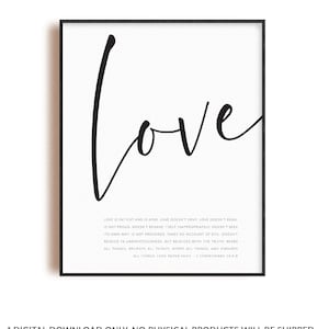 1 Corinthians 13:4-8 love is patient love never fails, bible verse quote poster, scripture print, modern Christian wall art