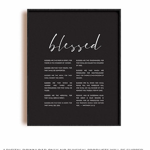 Matthew 5:3-12 beatitudes bible verse scripture wall art, black background quote poster printable,  modern decor Christian poster