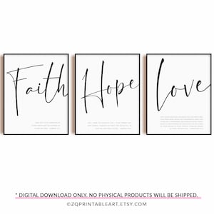 Faith Hope Love Conjunto de 3 impresiones de arte de pared de versículos bíblicos, cartel de las Escrituras Jeremías 29 1 Corintios 13 Hebreos 11, decoración de la sala de estar cristiana