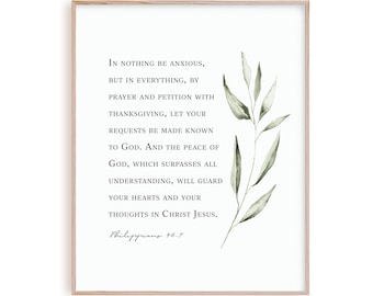 Philippians 4:6-7 Christian poster, bible verse wall art, scripture printable in nothing be anxious, greenery wall art digital print