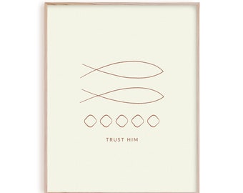 Modern Christian art printable wall art poster, bible artwork, 5 loaves 2 fish minimal line art, Jesus feeds five thousand modern art