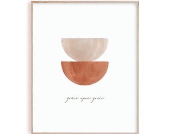 Grace upon grace modern Christian bible poster wall art, John 1:16 printable artwork, terracotta earth toned print, burnt orange wall art