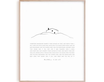 Matthew 7:24-27 Bible Verse Poster Wall Art, Modern Christian Scripture Line Art Artwork, Minimalist Bible Illustrated Wall Decor,