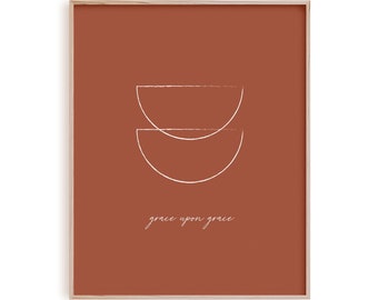 Grace upon grace printable Christian wall art, bible scripture artwork poster, modern line art print John 1:16 terracotta boho home decor